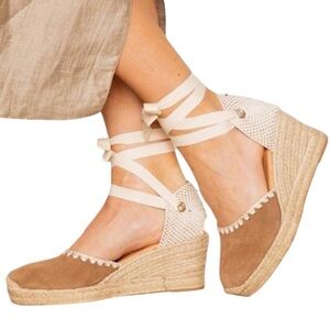 Picon tan taupe suede lace up espadrille wedges Made in Spain
